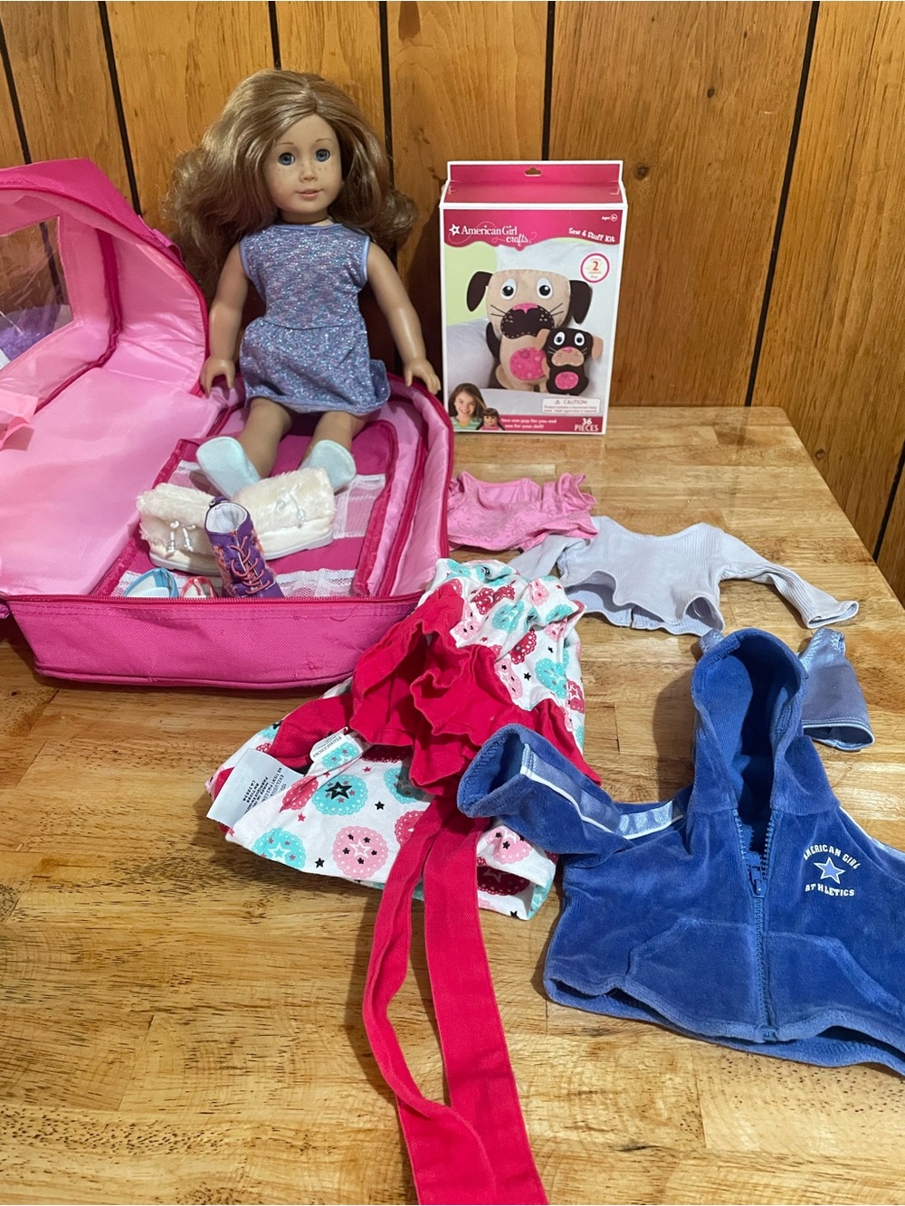 American Girl  2008 Pink Travel Case not branded, apron and other accessories.